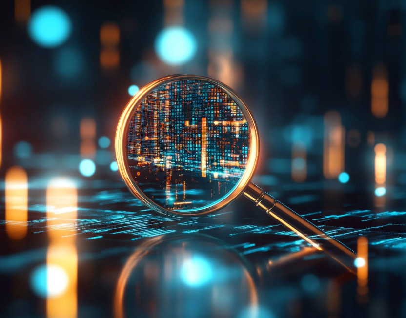 A magnifying glass reveals a cityscape of glowing data in a dark, abstract environment.