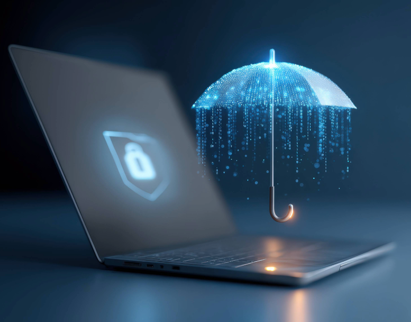 Digital umbrella covering laptop, glowing blue shield metaphor for cybersecurity protection, cyber insurance coverage concept for sensitive data and remote work,