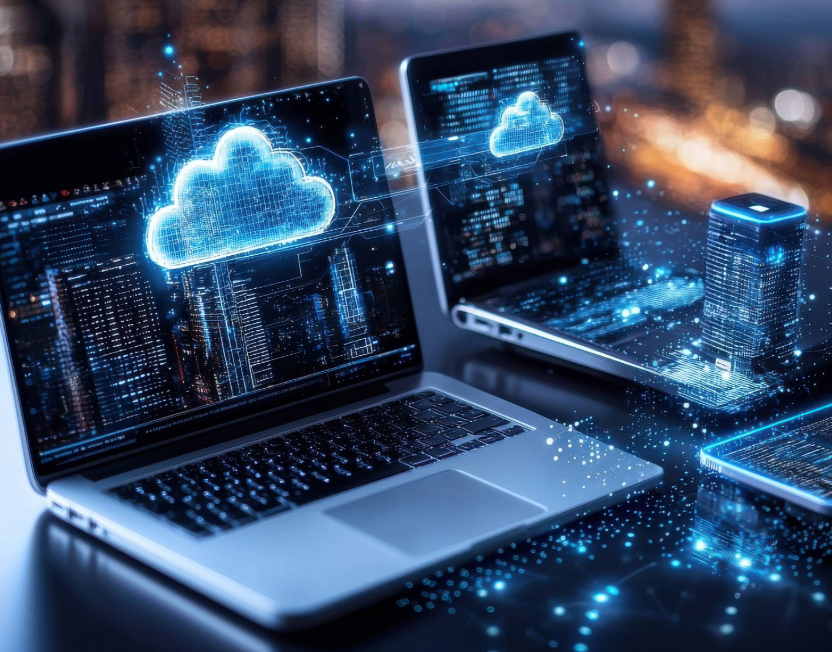 modern digital workspace showcasing cloud technology with laptops, tablet, and server. glowing cloud symbol represents data transfer and connectivity