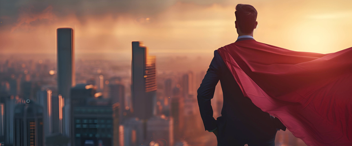 Business person in suit and red cape stand at rooftop